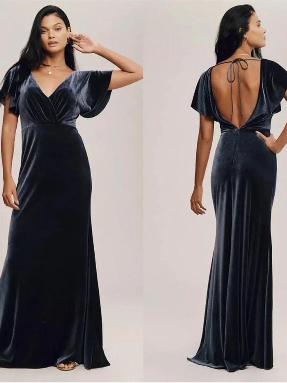 Jenny Yoo Ellis Flutter Sleeve Stretch Velvet Gown - Blue